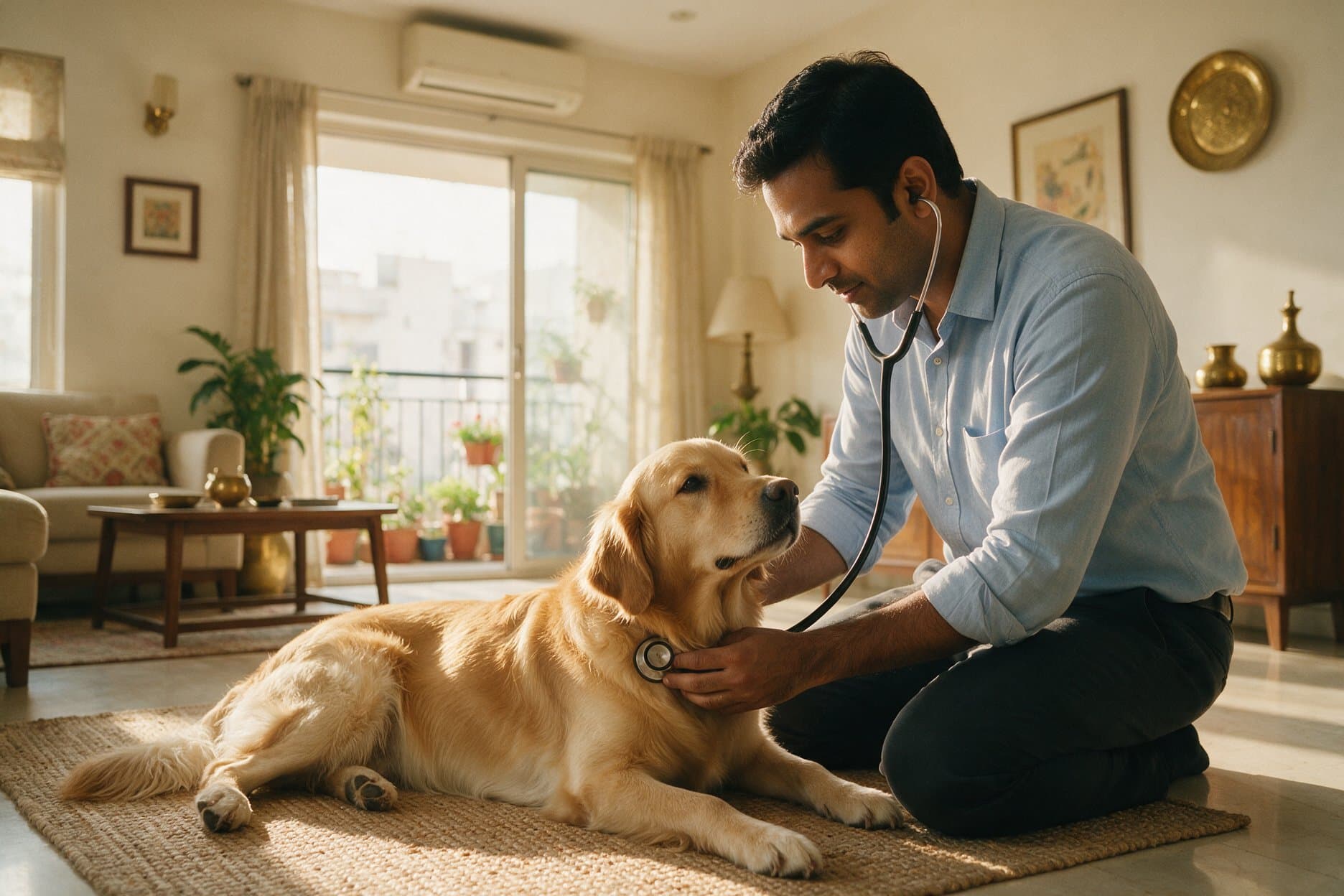 A veterinarian examining a golden retriever at home
